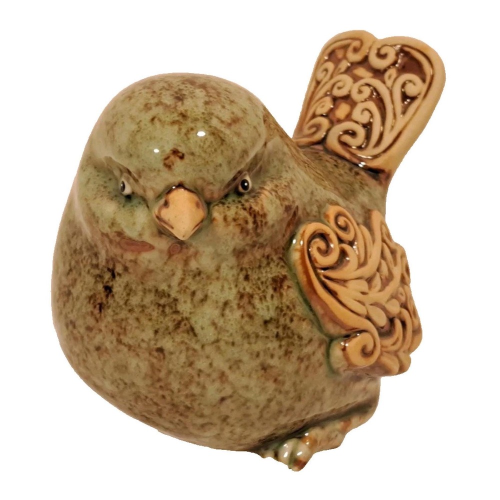 Rustic Speckled Green Ceramic Bird Figurine Scroll Wing Detail Farmhouse Decor